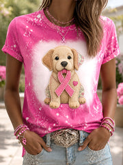 Women's Hope For A Cure Pink Ribbon Dog Print Breast Cancer Awareness Support Tee gracestitchs