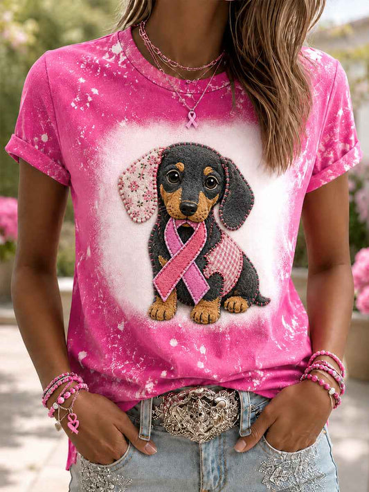 Women's Hope For A Cure Pink Ribbon Dog Print Breast Cancer Awareness Support Tee
