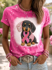 Women's Hope For A Cure Pink Ribbon Dog Print Breast Cancer Awareness Support Tee gracestitchs