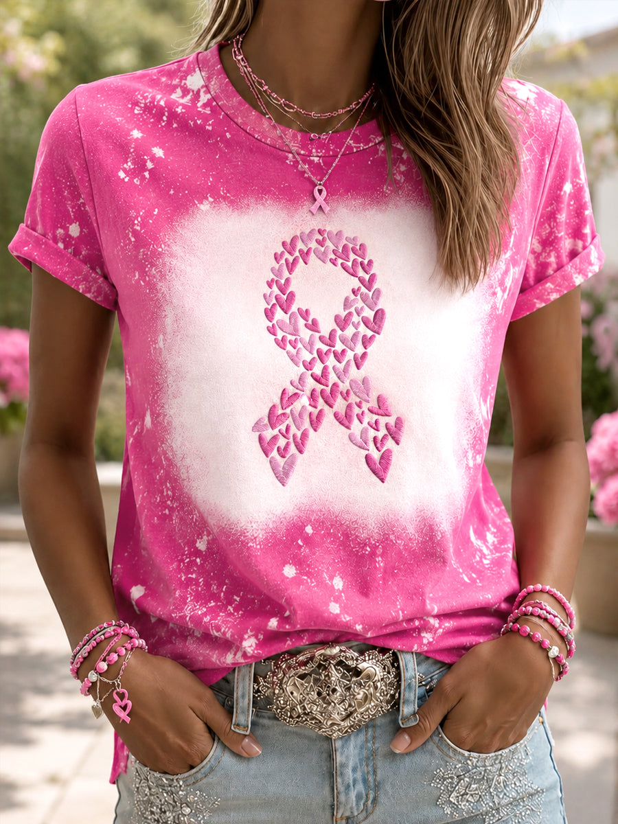 Women's Hope For A Cure Pink Ribbon Love Heart Print Breast Cancer Awareness Support Tee gracestitchs