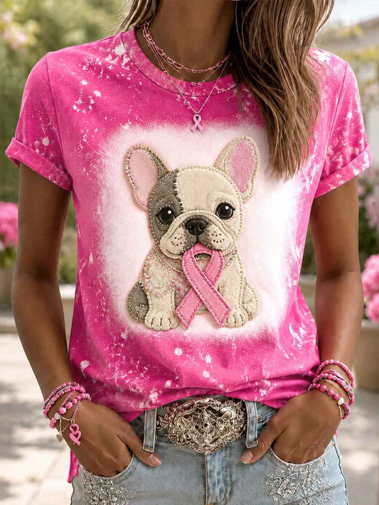 Women's Hope For A Cure Pink Ribbon Dog Print Breast Cancer Awareness Support Tee