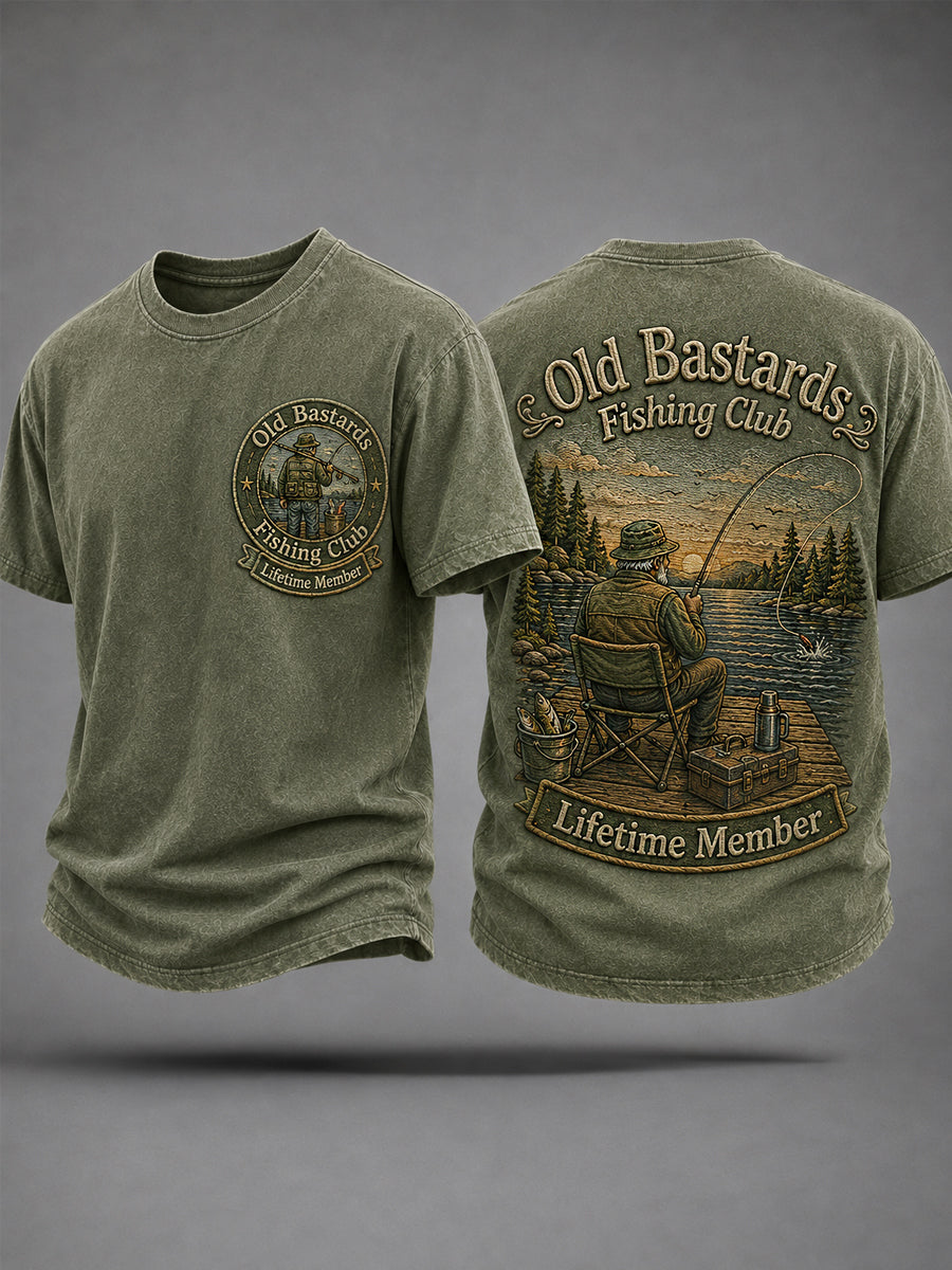 Men's Funny Old Bastards Fishing Club Lifetime Member Print Casual Tee gracestitchs