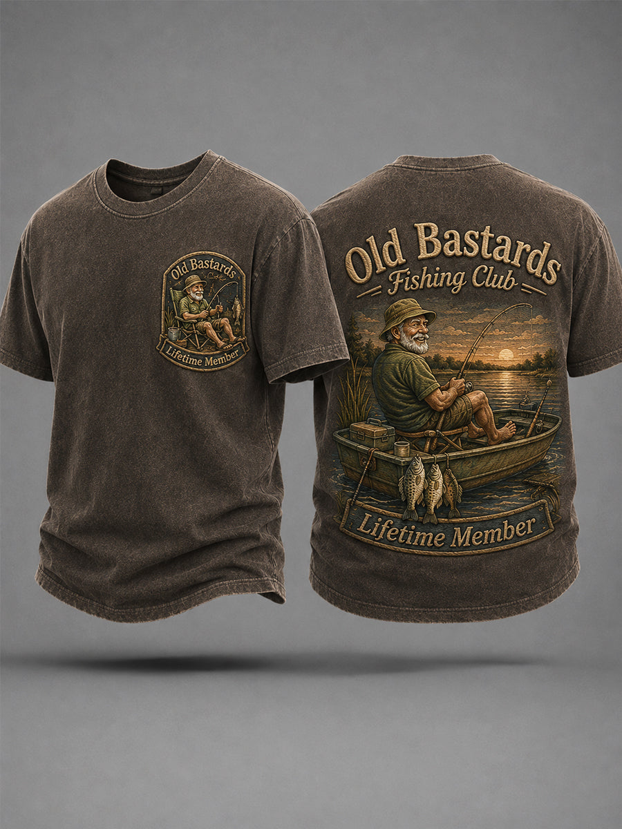 Men's Funny Old Bastards Fishing Club Lifetime Member Print Casual Tee gracestitchs