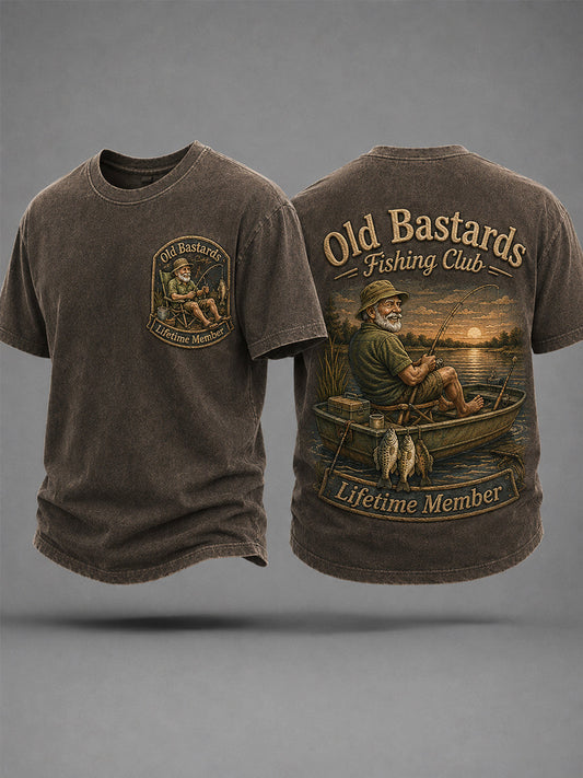 Men's Funny Old Bastards Fishing Club Lifetime Member Print Casual Tee gracestitchs