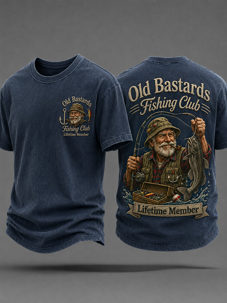 Men's Funny Old Bastards Fishing Club Lifetime Member Print Casual Tee gracestitchs