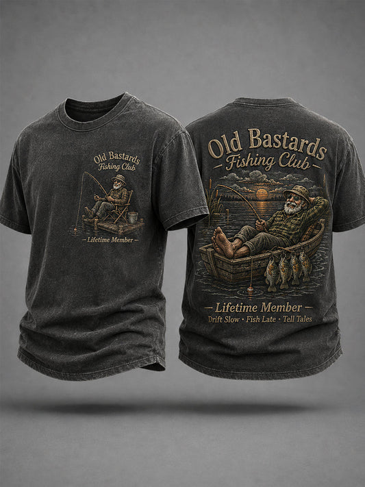 Men's Funny Old Bastards Fishing Club Lifetime Member Print Casual Tee gracestitchs