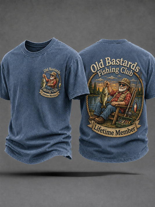 Men's Funny Old Bastards Fishing Club Lifetime Member Print Casual Tee gracestitchs