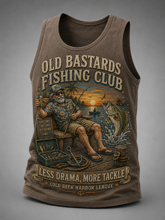 Men's Funny Old Bastards Fishing Club Lifetime Member Print Casual Tank Top gracestitchs