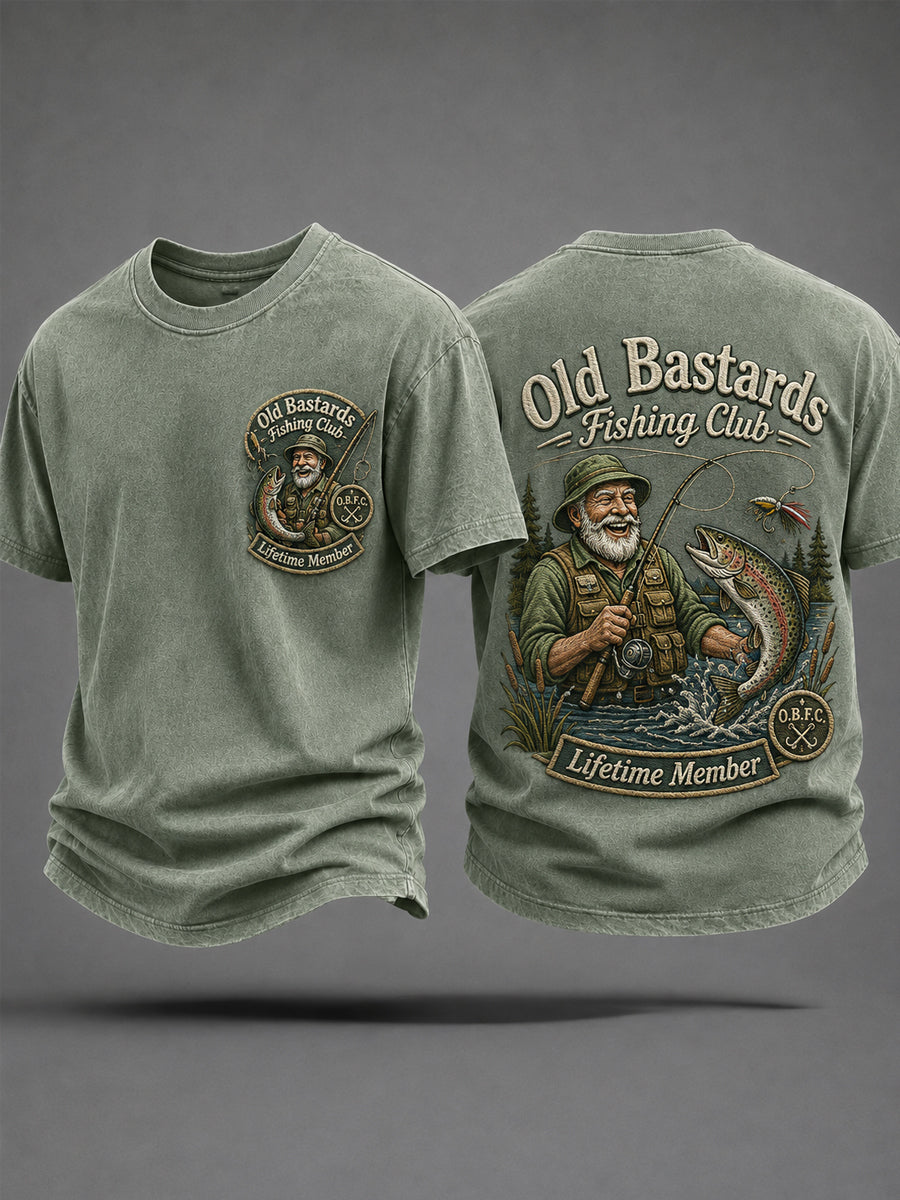 Men's Funny Old Bastards Fishing Club Lifetime Member Print Casual Tee gracestitchs