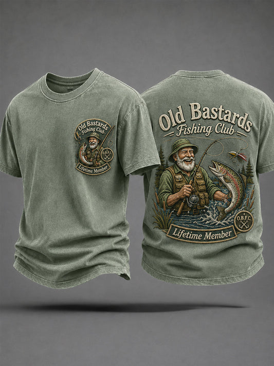 Men's Funny Old Bastards Fishing Club Lifetime Member Print Casual Tee gracestitchs