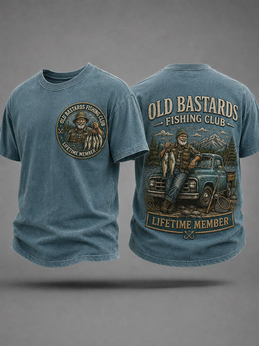 Men's Funny Old Bastards Fishing Club Lifetime Member Print Casual Tee gracestitchs
