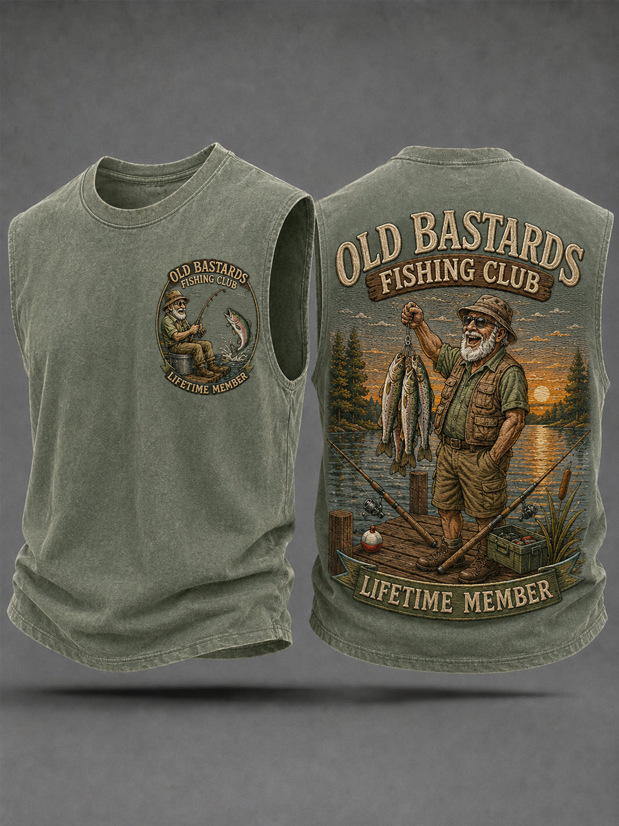 Men's Funny Old Bastards Fishing Club Lifetime Member Print Casual Tank Top gracestitchs