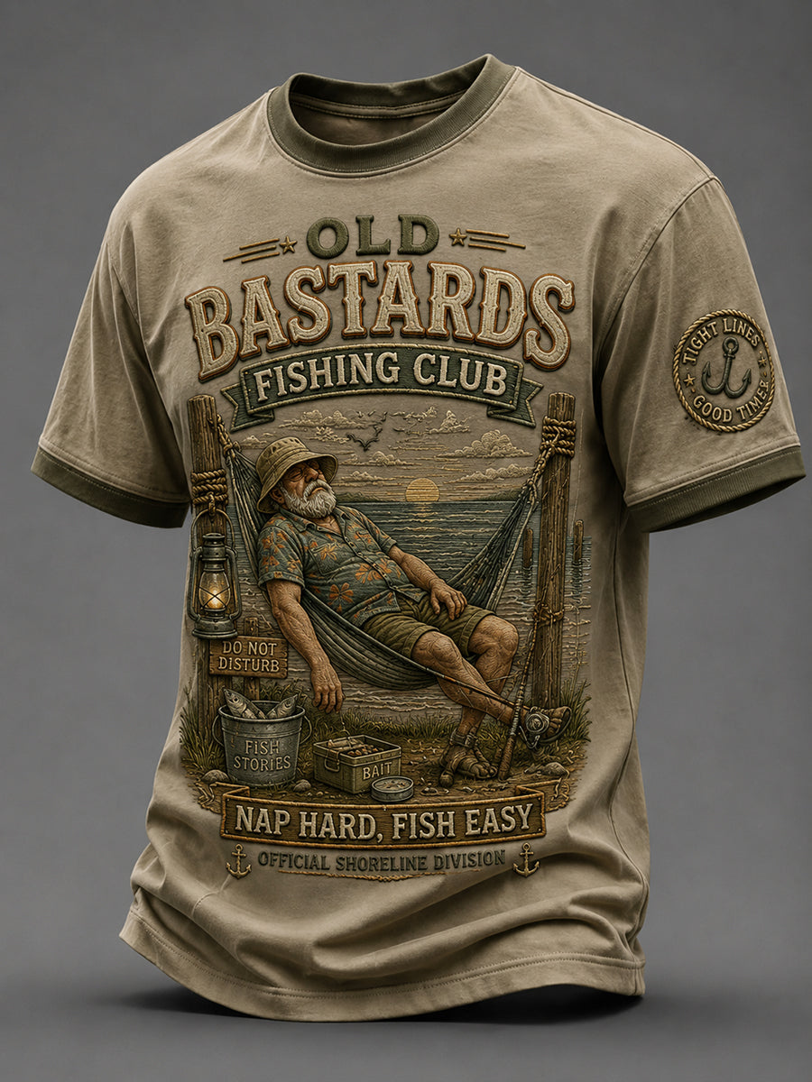 Men's Funny Old Bastards Fishing Club Lifetime Member Print Short Sleeve T-shirt gracestitchs
