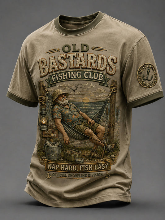 Men's Funny Old Bastards Fishing Club Lifetime Member Print Short Sleeve T-shirt gracestitchs
