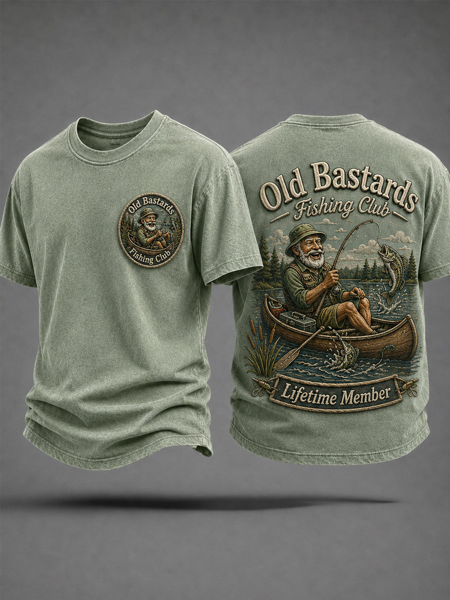 Men's Funny Old Bastards Fishing Club Lifetime Member Print Casual Tee gracestitchs