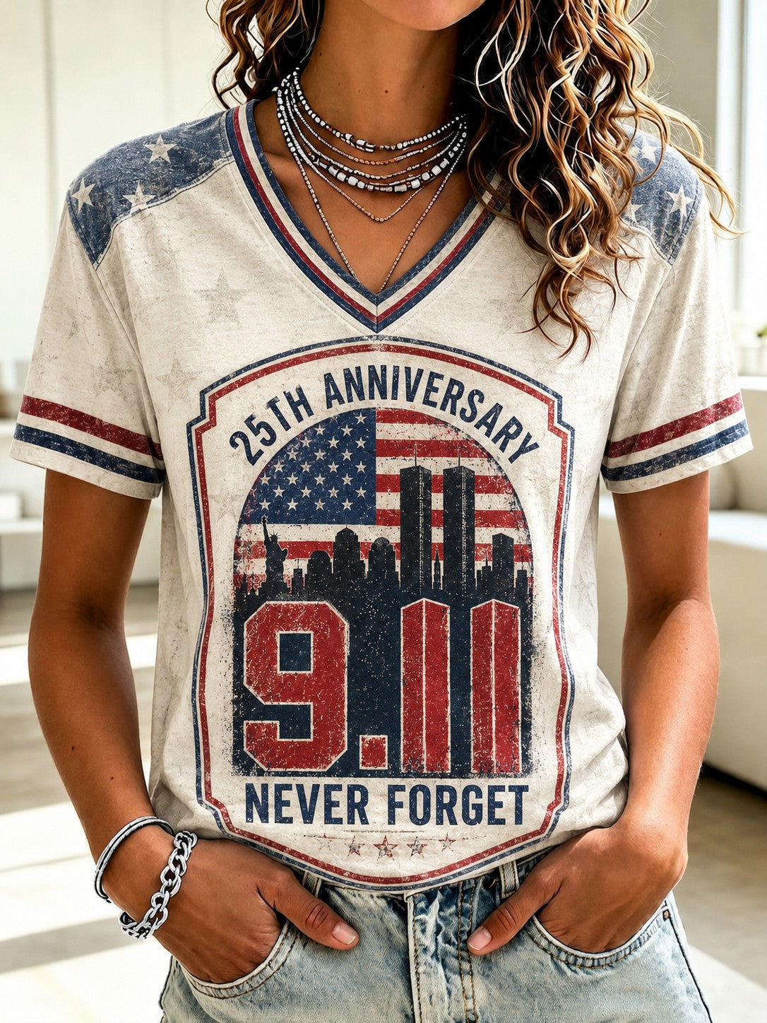 Women's 9.11 Never Forget Printed V-neck T-shirt gracestitchs