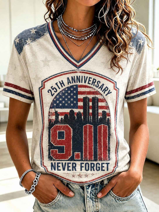 Women's 9.11 Never Forget Printed V-neck T-shirt gracestitchs