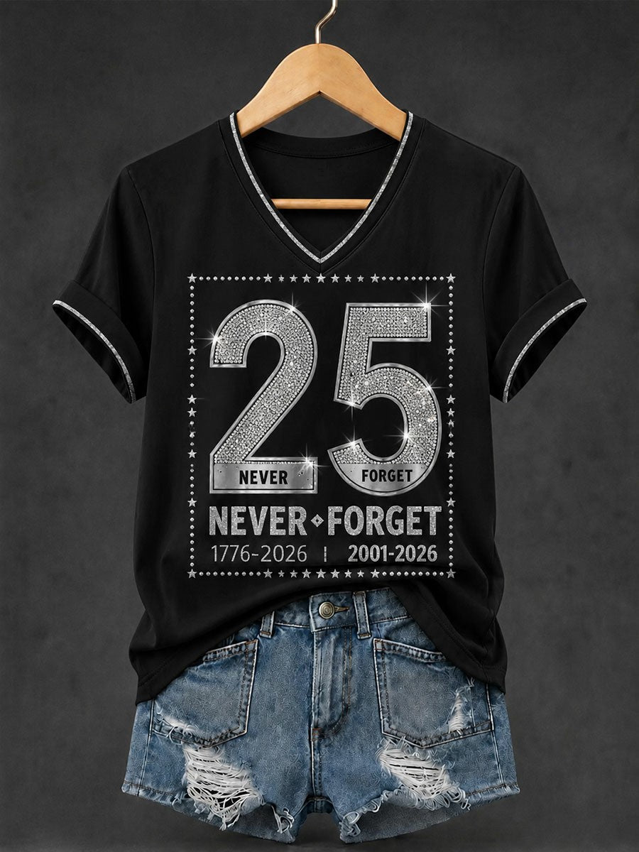 Women's 9.11 Never Forget Printed V-neck T-shirt gracestitchs