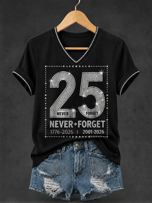 Women's 9.11 Never Forget Printed V-neck T-shirt gracestitchs