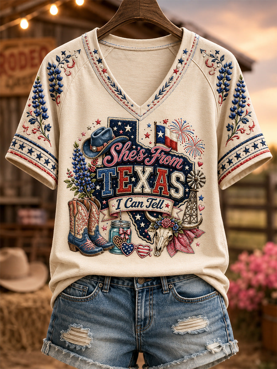 Women's She's From Texas I Can Tell Print Casual V-Neck Tee gracestitchs