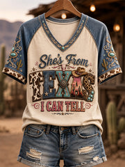 Women's She's From Texas I Can Tell Print Casual V-Neck Tee gracestitchs