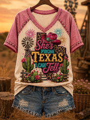 Women's She's From Texas I Can Tell Print Casual V-Neck Tee gracestitchs