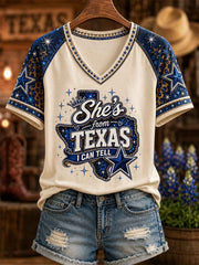 Women's She's From Texas I Can Tell Print Casual V-Neck Tee gracestitchs