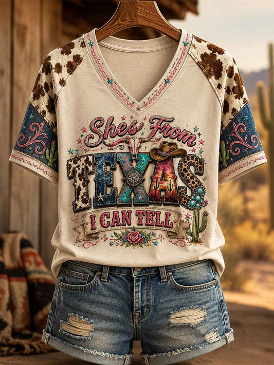 Women's She's From Texas I Can Tell Print Casual V-Neck Tee