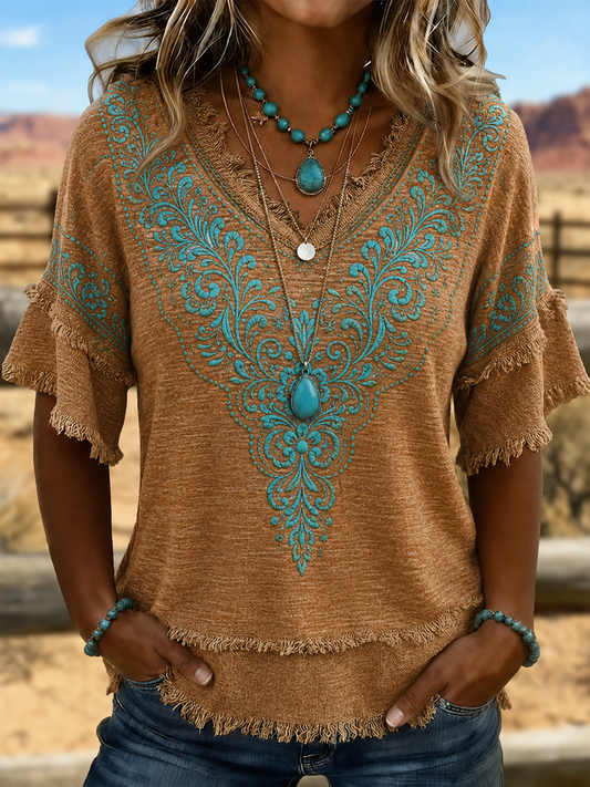 Women's Western-style print Cotton-Linen Shirt gracestitchs