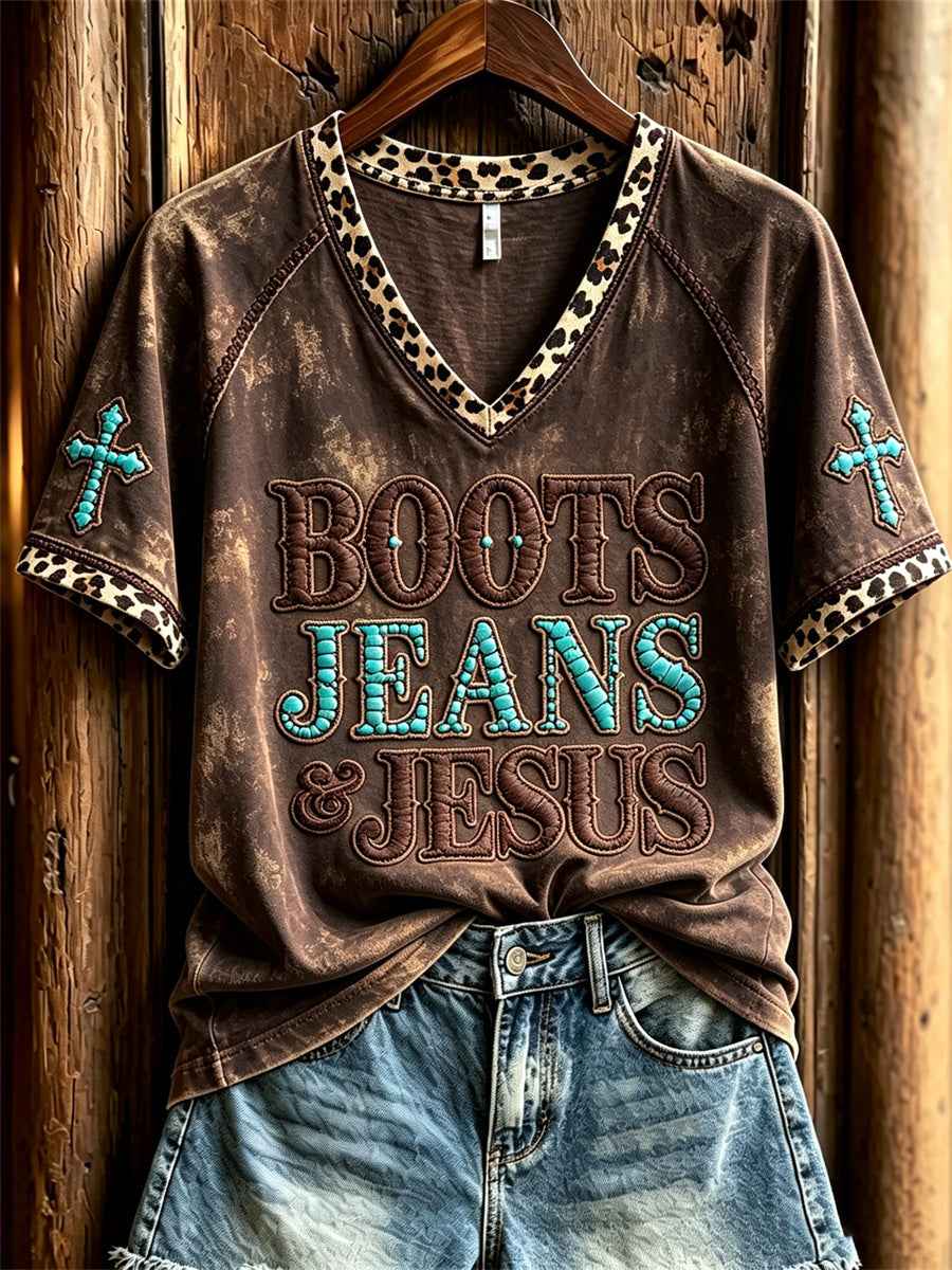 Women's Vintage Boots Jeans & Jesus Western Cross Leopard Print short-sleeved T-shirt