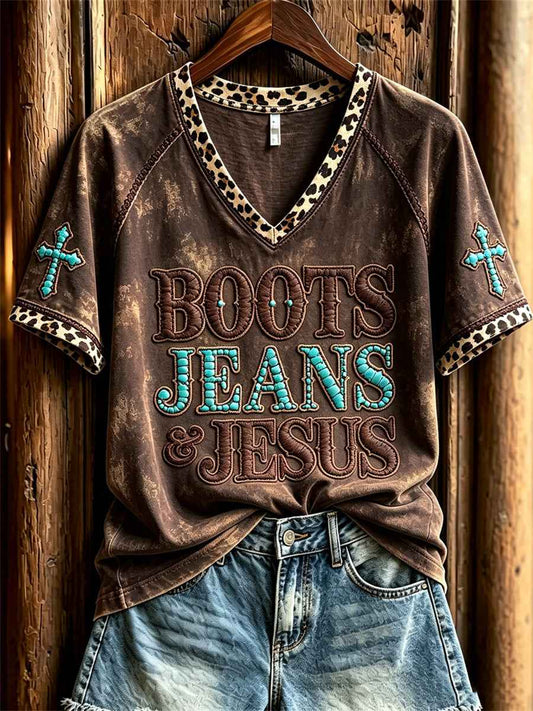 Women's Vintage Boots Jeans & Jesus Western Cross Leopard Print short-sleeved T-shirt