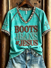 Women's Vintage Boots Jeans & Jesus Western Cross Leopard Print short-sleeved T-shirt