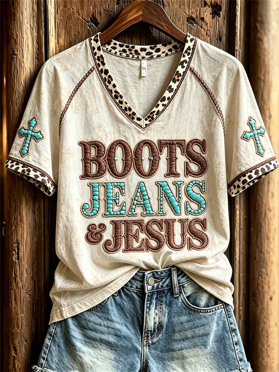 Women's Vintage Boots Jeans & Jesus Western Cross Leopard Print short-sleeved T-shirt