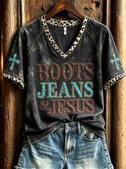 Women's Vintage Boots Jeans & Jesus Western Cross Leopard Print short-sleeved T-shirt