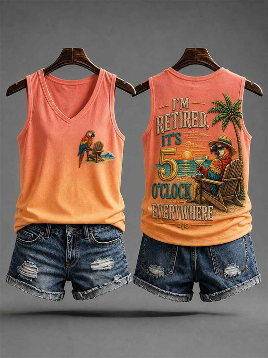 Women's I'm Retired It's 5 O'clock Everywhere Parrot Print Casual V-Neck Vest