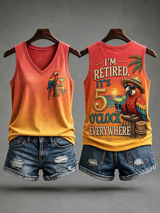 Women's I'm Retired It's 5 O'clock Everywhere Parrot Print Casual V-Neck Vest