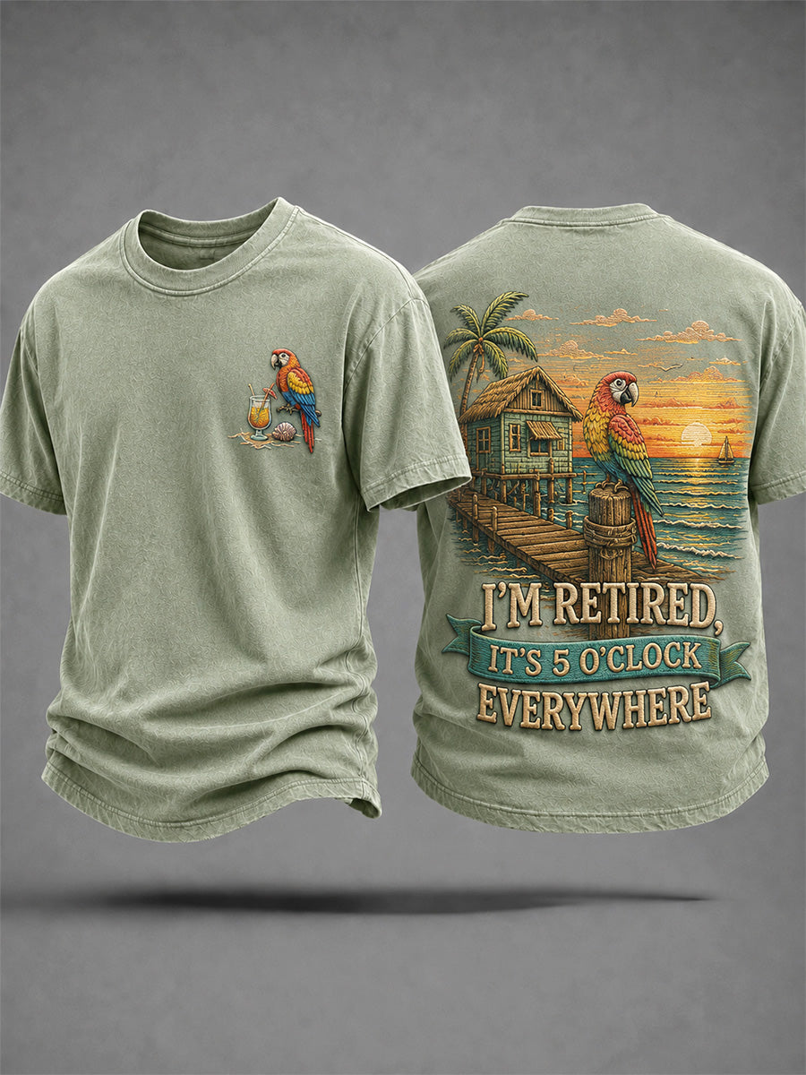 Men's I'm Retired It's 5 O'clock Everywhere Parrot Print Casual Tee gracestitchs