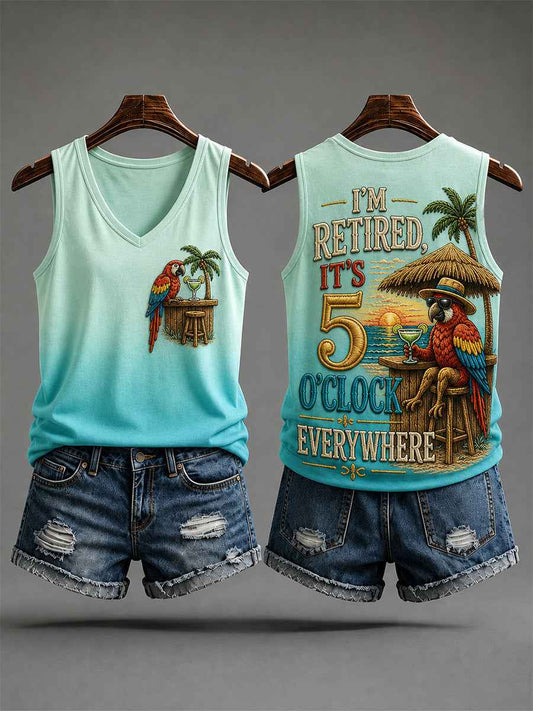 Women's I'm Retired It's 5 O'clock Everywhere Parrot Print Casual V-Neck Vest