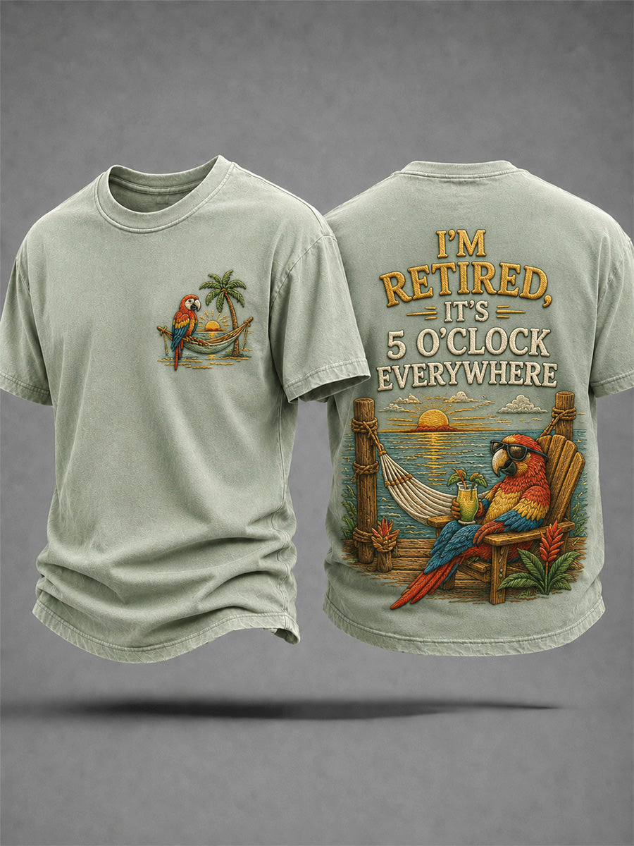 Men's I'm Retired It's 5 O'clock Everywhere Parrot Print Casual Tee gracestitchs