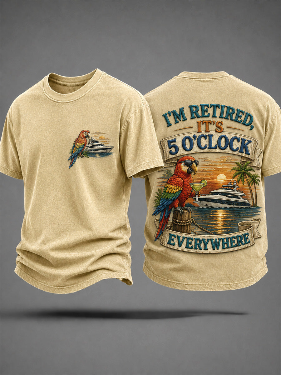 Men's I'm Retired It's 5 O'clock Everywhere Parrot Print Casual Tee gracestitchs