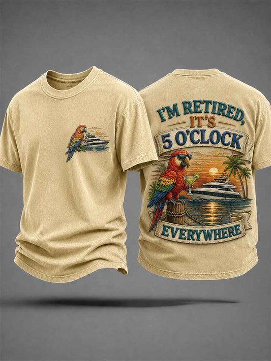Men's I'm Retired It's 5 O'clock Everywhere Parrot Print Casual Tee