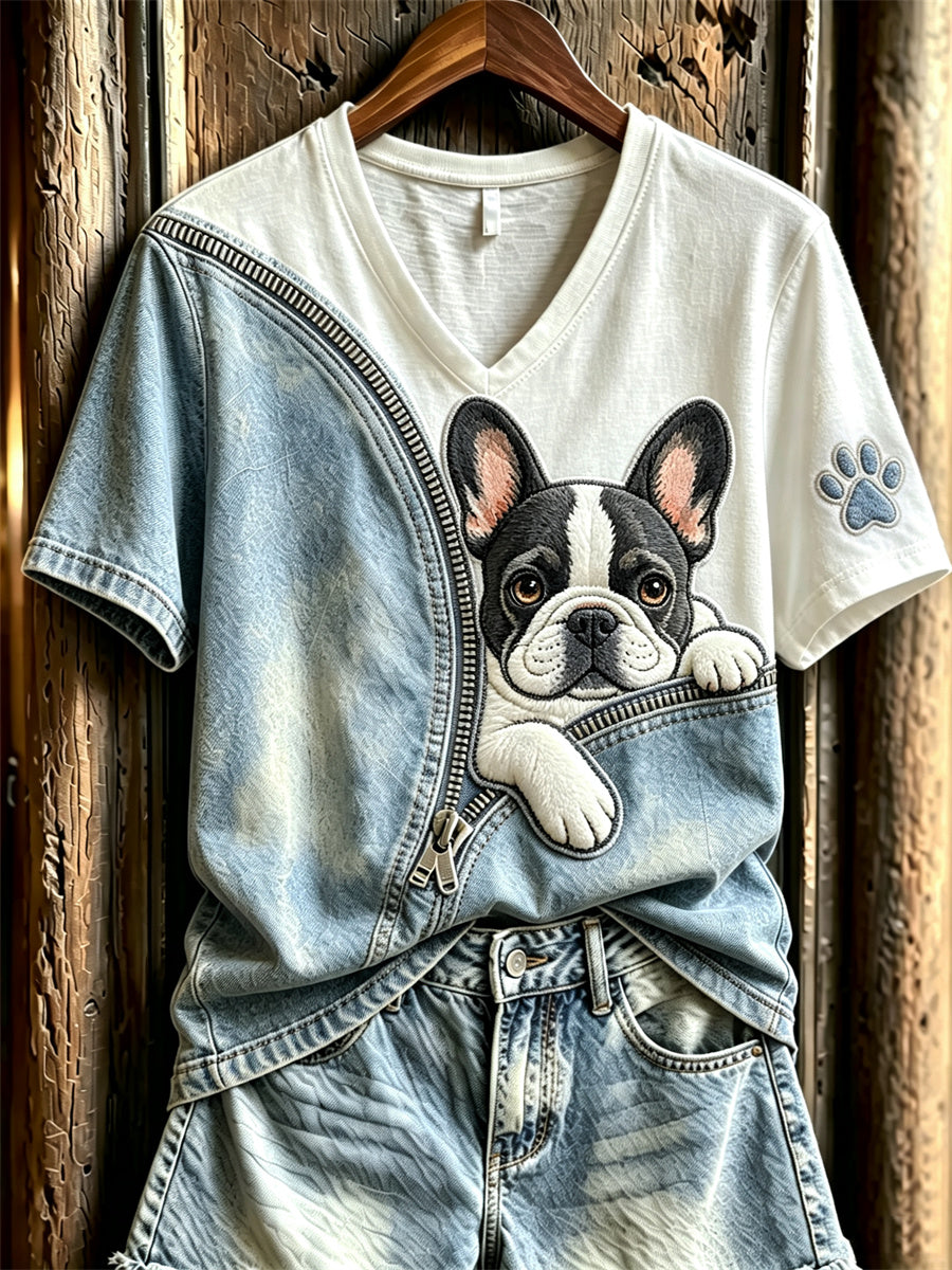 Women's Peeking Frenchbulldog Unzipped Denim Print short-sleeved T-shirt gracestitchs