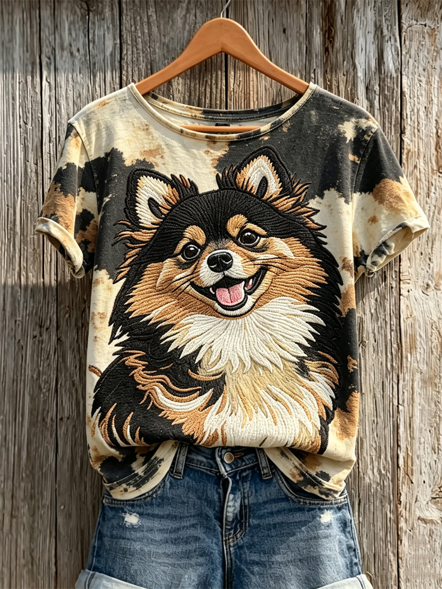Women's Pom Dog & Dog Coat Pattern Print short-sleeved T-shirt gracestitchs