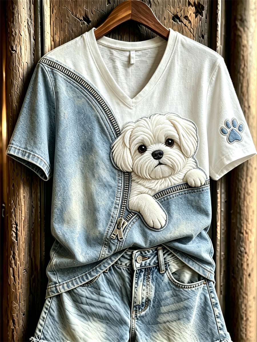 Women's Peeking Maltese Dog Unzipped Denim Print short-sleeved T-shirt gracestitchs
