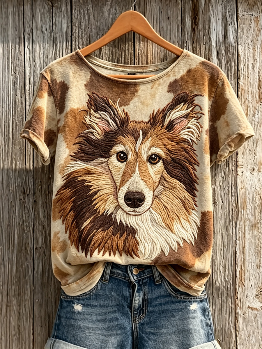 Women's Shetland Sheepdog & Dog Coat Pattern Print short-sleeved T-shirt gracestitchs