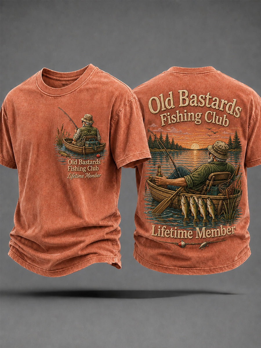 Men's Funny Old Bastards Fishing Club Lifetime Member Print Casual Tee gracestitchs