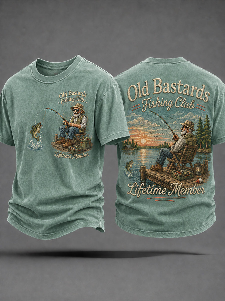 Men's Funny Old Bastards Fishing Club Lifetime Member Print Casual Tee gracestitchs
