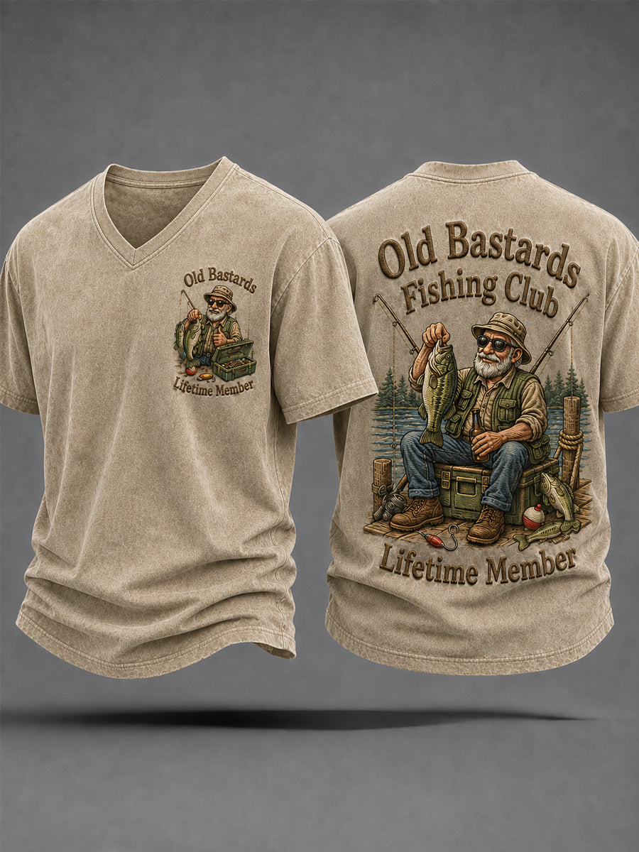 Men's Funny Old Bastards Fishing Club Lifetime Member Print Casual V-Neck Tee gracestitchs
