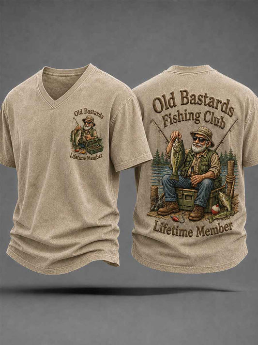 Men's Funny Old Bastards Fishing Club Lifetime Member Print Casual V-Neck Tee