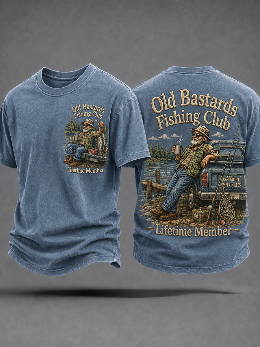 Men's Funny Old Bastards Fishing Club Lifetime Member Print Casual Tee gracestitchs